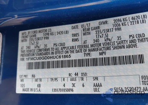 2017 Ford Escape Se z USA, uszkodzony, nr VIN 1FMCU0GD0HUC61865